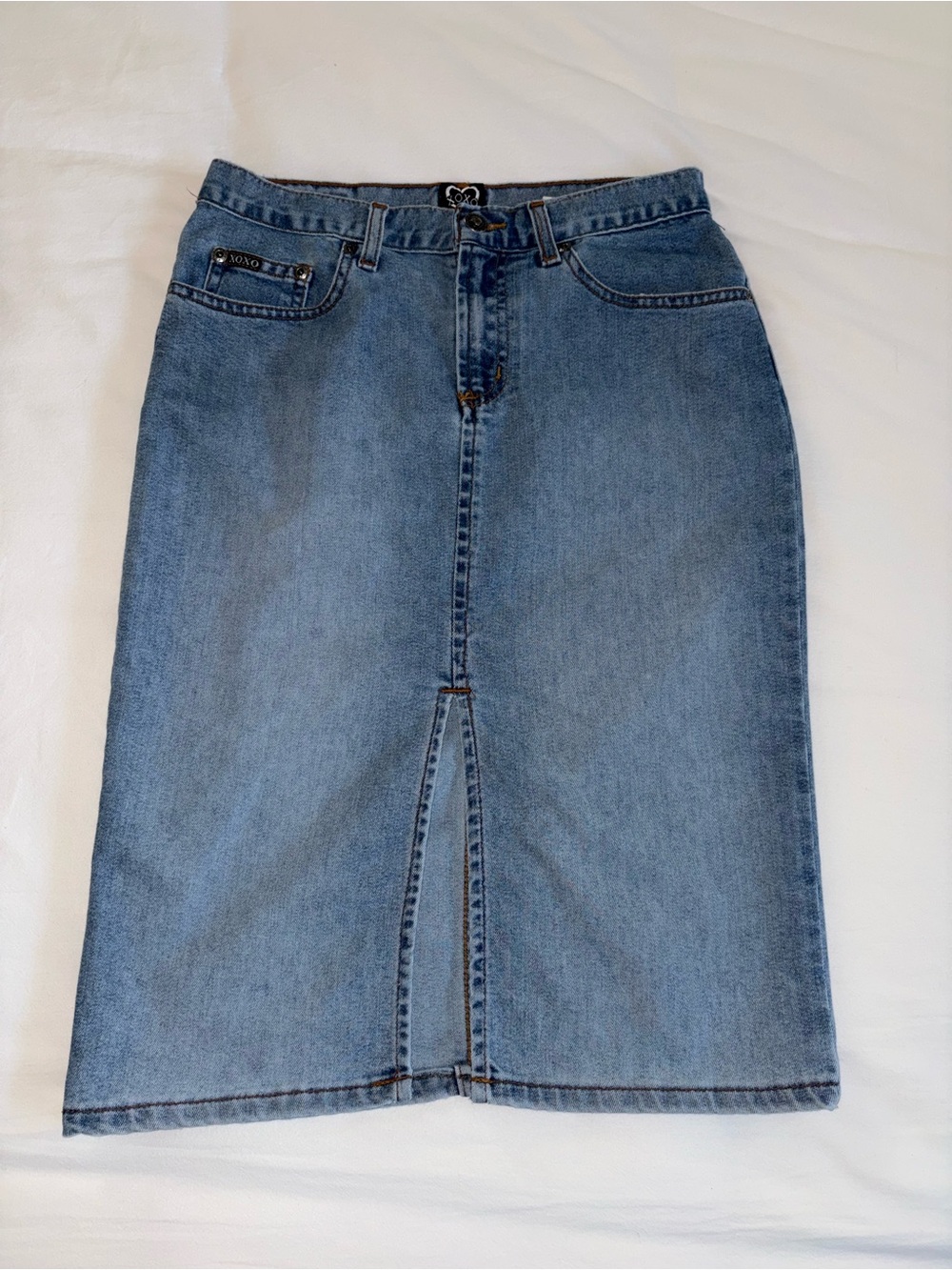 XOXO Jeans Y2K Denim Midi Skirt Blue Jean Front Slit